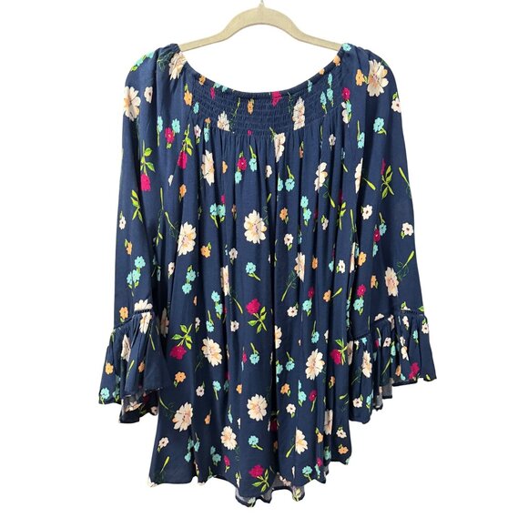 Terra & sky Floral Blue Rayon Peasant Top Smocked Bodice & Bell Sleeves Sz 1X - Picture 8 of 12